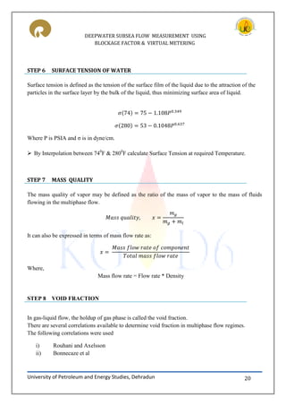 DEEPWATER SUBSEA FLOW MEASUREMENT USING
BLOCKAGE FACTOR & VIRTUAL METERING
University of Petroleum and Energy Studies, Dehradun 20
STEP 6 SURFACE TENSION OF WATER
Surface tension is defined as the tension of the surface film of the liquid due to the attraction of the
particles in the surface layer by the bulk of the liquid, thus minimizing surface area of liquid.
Where P is PSIA and σ is in dyne/cm.
 By Interpolation between 740
F & 2800
F calculate Surface Tension at required Temperature.
STEP 7 MASS QUALITY
The mass quality of vapor may be defined as the ratio of the mass of vapor to the mass of fluids
flowing in the multiphase flow.
It can also be expressed in terms of mass flow rate as:
Where,
Mass flow rate = Flow rate * Density
STEP 8 VOID FRACTION
In gas-liquid flow, the holdup of gas phase is called the void fraction.
There are several correlations available to determine void fraction in multiphase flow regimes.
The following correlations were used
i) Rouhani and Axelsson
ii) Bonnecaze et al
 