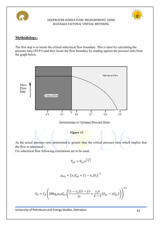 DEEPWATER SUBSEA FLOW MEASUREMENT USING
BLOCKAGE FACTOR & VIRTUAL METERING
University of Petroleum and Energy Studies, Dehradun 41
Methodology:
The first step is to locate the critical subcritical flow boundary. This is done by calculating the
pressure ratio (P2/P1) and then locate the flow boundary by reading against the pressure ratio from
the graph below.
As the actual pressure ratio determined is greater than the critical pressure ratio which implies that
the flow is subcritical.
For subcritical flow following correlations are to be used:
( )
( )
( ( ( )))
Figure 12
 