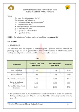 DEEPWATER SUBSEA FLOW MEASUREMENT USING
BLOCKAGE FACTOR & VIRTUAL METERING
University of Petroleum and Energy Studies, Dehradun 42
Where
G2= mass flux at downstream, lbm/ft2
/s
Cd = discharge coefficient, 0.86
ρm2 = mixture density at downstream, lbm/ft3
ρl = liquid density, lbm/ft3
x1 = free gas quality at upstream, mass fraction
y = actual pressure ratio
Vg = gas specific volume, ft3
/lbm
K = specific heat ratio.
NOTE: - The calculation of gas flow quality, x1 is explained in Annexure 10.3
6.5 Results
1. SINGLE PHASE
The correlations were first subjected to calibration against a particular well data. The well was
producing dry gas and had an operational flow meter already installed in it. The following are the
results produced by various correlations and the errors generated in each case.
Correlations
Calculated Flow Rate
(MMSCMD)
Actual Flow Rate
(MMSCMD)
Error (%)
Nind Correlation 4.505 2.756 63.46
Szilas Correlation 1.095 2.756 60.20
Thornhill-Craver Correlation 1.593 2.756 42.10
Universal Gas Sizing
Correlation
2.632 2.756 3.86
Universal Gas Sizing Density
Correlation
2.681 2.756 1.96
 The variation in errors in above correlations is due to uncertainty in choke flow coefficient,
discharge coefficient, pressure difference across choke and due to limited applicability for perfect
gases only.
Table 2
 