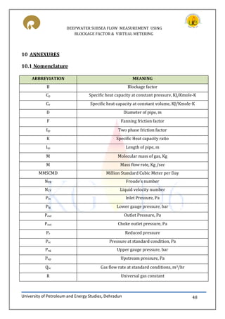 DEEPWATER SUBSEA FLOW MEASUREMENT USING
BLOCKAGE FACTOR & VIRTUAL METERING
University of Petroleum and Energy Studies, Dehradun 48
10 ANNEXURES
10.1 Nomenclature
ABBREVIATION MEANING
B Blockage factor
Cp Specific heat capacity at constant pressure, KJ/Kmole-K
Cv Specific heat capacity at constant volume, KJ/Kmole-K
D Diameter of pipe, m
F Fanning friction factor
ftp Two phase friction factor
K Specific Heat capacity ratio
Lp Length of pipe, m
M Molecular mass of gas, Kg
M Mass flow rate, Kg /sec
MMSCMD Million Standard Cubic Meter per Day
NFR Froude’s number
NLV Liquid velocity number
Pin Inlet Pressure, Pa
Plg Lower gauge pressure, bar
Pout Outlet Pressure, Pa
Pout Choke outlet pressure, Pa
Pr Reduced pressure
Psc Pressure at standard condition, Pa
Pug Upper gauge pressure, bar
Pup Upstream pressure, Pa
Qsc Gas flow rate at standard conditions, m3/hr
R Universal gas constant
 