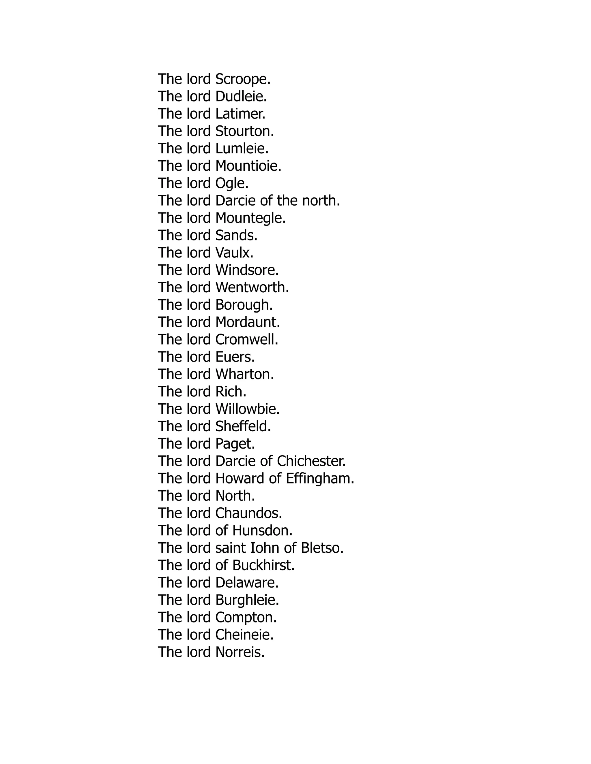 The lord Scroope.
The lord Dudleie.
The lord Latimer.
The lord Stourton.
The lord Lumleie.
The lord Mountioie.
The lord Ogle.
The lord Darcie of the north.
The lord Mountegle.
The lord Sands.
The lord Vaulx.
The lord Windsore.
The lord Wentworth.
The lord Borough.
The lord Mordaunt.
The lord Cromwell.
The lord Euers.
The lord Wharton.
The lord Rich.
The lord Willowbie.
The lord Sheffeld.
The lord Paget.
The lord Darcie of Chichester.
The lord Howard of Effingham.
The lord North.
The lord Chaundos.
The lord of Hunsdon.
The lord saint Iohn of Bletso.
The lord of Buckhirst.
The lord Delaware.
The lord Burghleie.
The lord Compton.
The lord Cheineie.
The lord Norreis.
 