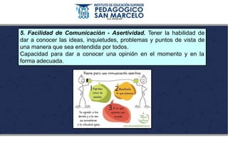 5. Facilidad de Comunicación - Asertividad. Tener la habilidad de
dar a conocer las ideas, inquietudes, problemas y puntos de vista de
una manera que sea entendida por todos.
Capacidad para dar a conocer una opinión en el momento y en la
forma adecuada.
 