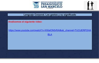 Lenguaje Corporal. Los gestos y su significado
Analicemos el siguiente video:
https://www.youtube.com/watch?v=XWalON5rRAI&ab_channel=TUCUERPOHA
BLA
 