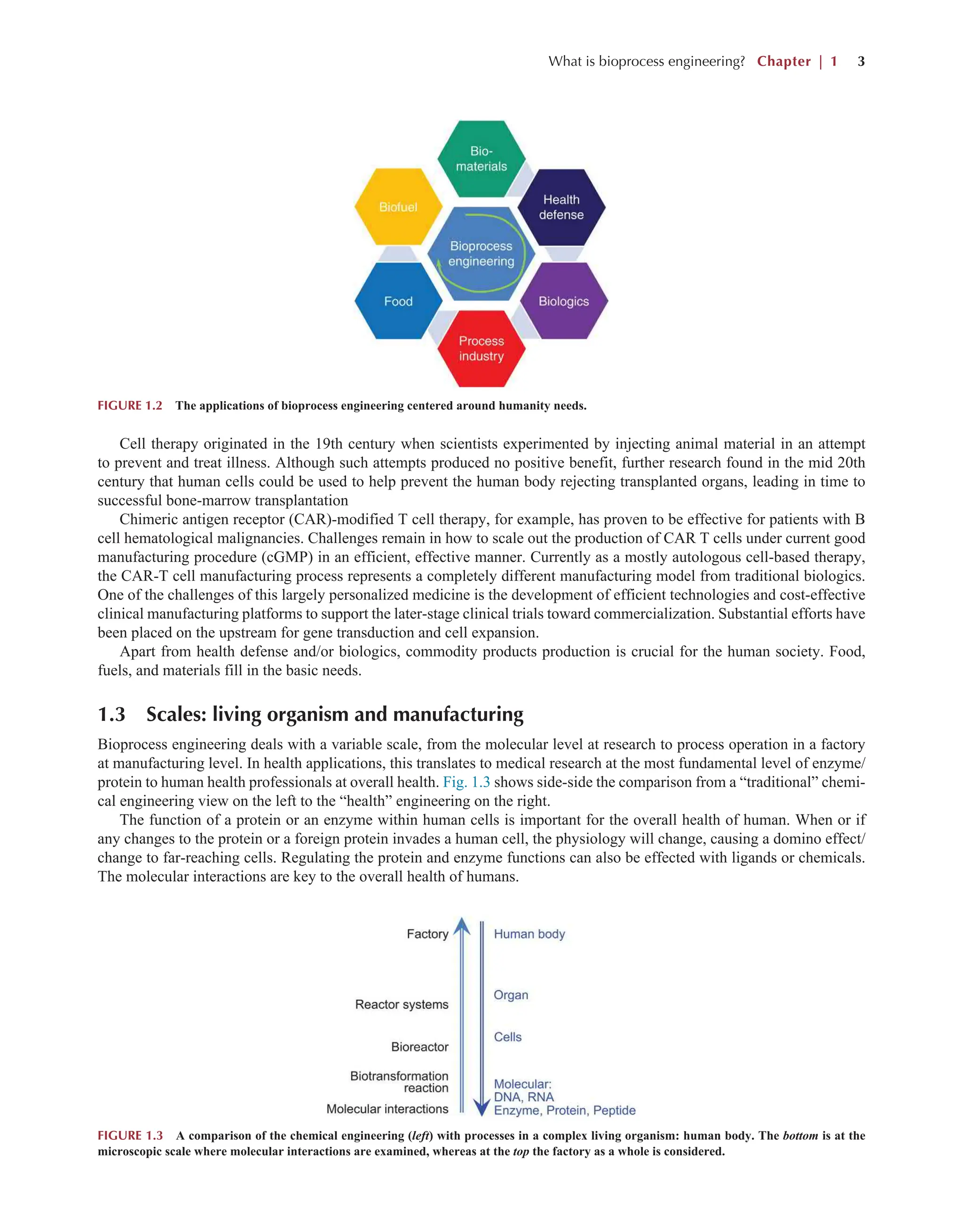 What is bioprocess engineering? Chapter | 1 3
Cell therapy originated in the 19th century when scientists experimented by injecting animal material in an attempt
to prevent and treat illness. Although such attempts produced no positive benefit, further research found in the mid 20th
century that human cells could be used to help prevent the human body rejecting transplanted organs, leading in time to
successful bone-marrow transplantation
Chimeric antigen receptor (CAR)-modified T cell therapy, for example, has proven to be effective for patients with B
cell hematological malignancies. Challenges remain in how to scale out the production of CAR T cells under current good
manufacturing procedure (cGMP) in an efficient, effective manner. Currently as a mostly autologous cell-based therapy,
the CAR-T cell manufacturing process represents a completely different manufacturing model from traditional biologics.
One of the challenges of this largely personalized medicine is the development of efficient technologies and cost-effective
clinical manufacturing platforms to support the later-stage clinical trials toward commercialization. Substantial efforts have
been placed on the upstream for gene transduction and cell expansion.
Apart from health defense and/or biologics, commodity products production is crucial for the human society. Food,
fuels, and materials fill in the basic needs.
1.3 Scales: living organism and manufacturing
Bioprocess engineering deals with a variable scale, from the molecular level at research to process operation in a factory
at manufacturing level. In health applications, this translates to medical research at the most fundamental level of enzyme/
protein to human health professionals at overall health. Fig. 1.3 shows side-side the comparison from a “traditional” chemi-
cal engineering view on the left to the “health” engineering on the right.
The function of a protein or an enzyme within human cells is important for the overall health of human. When or if
any changes to the protein or a foreign protein invades a human cell, the physiology will change, causing a domino effect/
change to far-reaching cells. Regulating the protein and enzyme functions can also be effected with ligands or chemicals.
The molecular interactions are key to the overall health of humans.
FIGURE 1.2 The applications of bioprocess engineering centered around humanity needs.
FIGURE 1.3 A comparison of the chemical engineering (left) with processes in a complex living organism: human body. The bottom is at the
microscopic scale where molecular interactions are examined, whereas at the top the factory as a whole is considered.
 