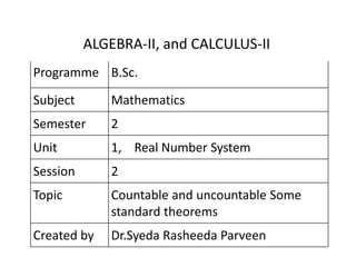 Programme B.Sc.
Subject Mathematics
Semester 2
Unit 1, Real Number System
Session 2
Topic Countable and uncountable Some
standard theorems
Created by Dr.Syeda Rasheeda Parveen
ALGEBRA-II, and CALCULUS-II
 