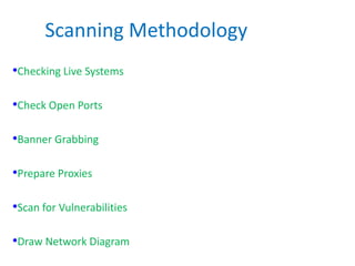 •Checking Live Systems
•Check Open Ports
•Banner Grabbing
•Prepare Proxies
•Scan for Vulnerabilities
•Draw Network Diagram
Scanning Methodology
 