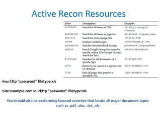 Active Recon Resources
•inurl:ftp "password" filetype:xls
•site:example.com inurl:ftp "password" filetype:xls
You should also be performing focused searches that locate all major document types
such as .pdf, .doc, .txt, .xls
 