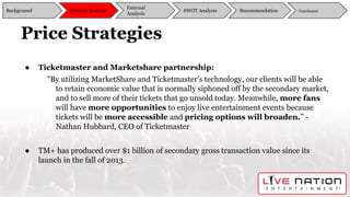 Price Strategies
● Ticketmaster and Marketshare partnership:
"By utilizing MarketShare and Ticketmaster’s technology, our clients will be able
to retain economic value that is normally siphoned off by the secondary market,
and to sell more of their tickets that go unsold today. Meanwhile, more fans
will have more opportunities to enjoy live entertainment events because
tickets will be more accessible and pricing options will broaden.” -
Nathan Hubbard, CEO of Ticketmaster
● TM+ has produced over $1 billion of secondary gross transaction value since its
launch in the fall of 2013.
Background
External
Analysis
SWOT Analysis Recommendation ConclusionInternal Analysis
 