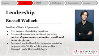 Leadership
Russell Wallach
President of Media & Sponsorship
● Over 20 years of marketing experience
● Oversees all sponsorship, media and marketing
partnerships across venue, online, mobile and
artist platforms.
● Developed multimillion-dollar, integrated marketing
programs with Citi, Coca-Cola, Anheuser-Busch,
Starwood Hotels, Hertz and Kellogg's.
Background
External
Analysis
SWOT Analysis Recommendation ConclusionInternal Analysis
 