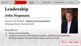 John Hopmans
Executive Vice President - Mergers and Acquisitions
& Strategic Finance since April 2008
Responsible for:
● Merger with Ticketmaster
● Acquisition of premier EDM festivals Insomniac, HARDfest and Creamfields,
ticketing companies Ticketnet and ServiCaixa, and many others.
Leadership
Background
External
Analysis
SWOT Analysis Recommendation ConclusionInternal Analysis
 