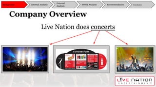 Company Overview
Background
External
Analysis
SWOT Analysis Recommendation ConclusionInternal Analysis
Live Nation does concerts
 