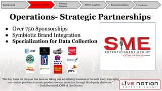 Operations- Strategic Partnerships
● Over 750 Sponsorships
● Symbiotic Brand Integration
● Specialization for Data Collection
“Our top focus for the year has been on taking our advertising business to the next level, leveraging
our content platform to create products we can monetize through third-party platforms.”
- Josh Berchtold, COO of Live Nation
Background
External
Analysis
SWOT Analysis Recommendation ConclusionInternal Analysis
 