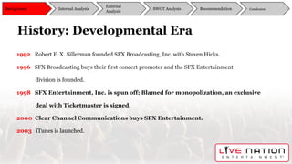 History: Developmental Era
1992 Robert F. X. Sillerman founded SFX Broadcasting, Inc. with Steven Hicks.
1996 SFX Broadcasting buys their first concert promoter and the SFX Entertainment
division is founded.
1998 SFX Entertainment, Inc. is spun off; Blamed for monopolization, an exclusive
deal with Ticketmaster is signed.
2000 Clear Channel Communications buys SFX Entertainment.
2003 iTunes is launched.
Background
External
Analysis
SWOT Analysis Recommendation ConclusionInternal Analysis
 