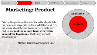 Marketing: Product
Background
External
Analysis
SWOT Analysis Recommendation ConclusionInternal Analysis
Ancillary $
Content
“We built a platform that said the artist should take
the money on stage. We built a model that said, let’s
not worry about the two hours but let’s make sure
that we are making money from everything
around the two hours. That’s why we built
sponsorships.”
- Michael Rapino, Live Nation CEO
 