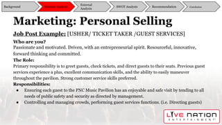 Marketing: Personal Selling
Job Post Example: [USHER/ TICKET TAKER /GUEST SERVICES]
Who are you?
Passionate and motivated. Driven, with an entrepreneurial spirit. Resourceful, innovative,
forward thinking and committed.
The Role:
Primary responsibility is to greet guests, check tickets, and direct guests to their seats. Previous guest
services experience a plus, excellent communication skills, and the ability to easily maneuver
throughout the pavilion. Strong customer service skills preferred.
Responsibilities:
● Ensuring each guest to the PNC Music Pavilion has an enjoyable and safe visit by tending to all
needs of public safety and security as directed by management.
● Controlling and managing crowds, performing guest services functions. (i.e. Directing guests)
Background
External
Analysis
SWOT Analysis Recommendation ConclusionInternal Analysis
 