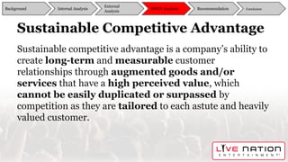 Sustainable Competitive Advantage
Sustainable competitive advantage is a company’s ability to
create long-term and measurable customer
relationships through augmented goods and/or
services that have a high perceived value, which
cannot be easily duplicated or surpassed by
competition as they are tailored to each astute and heavily
valued customer.
Background
External
Analysis
SWOT Analysis Recommendation ConclusionInternal Analysis
 