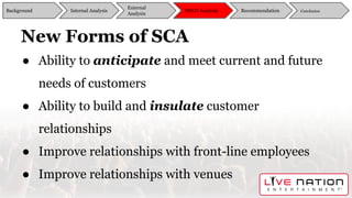 New Forms of SCA
● Ability to anticipate and meet current and future
needs of customers
● Ability to build and insulate customer
relationships
● Improve relationships with front-line employees
● Improve relationships with venues
Background
External
Analysis
SWOT Analysis Recommendation ConclusionInternal Analysis
 