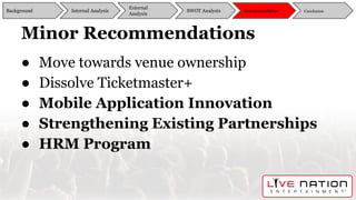Minor Recommendations
● Move towards venue ownership
● Dissolve Ticketmaster+
● Mobile Application Innovation
● Strengthening Existing Partnerships
● HRM Program
Background
External
Analysis
SWOT Analysis Recommendation ConclusionInternal Analysis
 