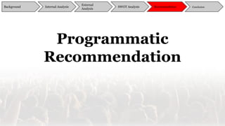 Programmatic
Recommendation
Background
External
Analysis
SWOT Analysis Recommendation ConclusionInternal Analysis
 