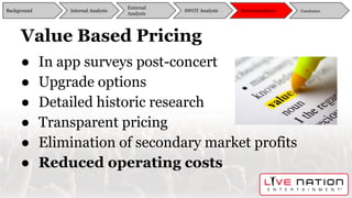 Value Based Pricing
● In app surveys post-concert
● Upgrade options
● Detailed historic research
● Transparent pricing
● Elimination of secondary market profits
● Reduced operating costs
Background
External
Analysis
SWOT Analysis Recommendation ConclusionInternal Analysis
 