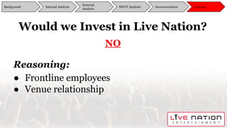 Reasoning:
● Frontline employees
● Venue relationship
Background
External
Analysis
SWOT Analysis Recommendation ConclusionInternal Analysis
Would we Invest in Live Nation?
NO
Background
External
Analysis
SWOT Analysis Recommendation ConclusionInternal Analysis
 