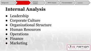 Internal Analysis
● Leadership
● Corporate Culture
● Organizational Structure
● Human Resources
● Operations
● Finance
● M...