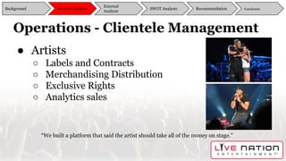 Operations - Clientele Management
● Artists
○ Labels and Contracts
○ Merchandising Distribution
○ Exclusive Rights
○ Analy...
