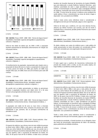 ( ) Certo ( ) Errado
564 - Q21356 ( Prova: CESPE - 2008 - INSS - Técnico do Seguro Social /
Atualidades / Sociedade: aspectos demográficos e populacionais,
culturais e religiosos; )
Infere-se dos dados da tabela que, de 1940 a 1970, a população
brasileira apresentava-se distribuída uniformemente em relação aos
três grupos etários.
( ) Certo ( ) Errado
565 - Q21357 ( Prova: CESPE - 2008 - INSS - Técnico do Seguro Social /
Atualidades / Sociedade: aspectos demográficos e populacionais,
culturais e religiosos; )
O envelhecimento da população, representado pela relação entre a
proporção de idosos (65 anos ou mais) e a proporção de crianças (até
14 anos), passou de 10,5%, em 1980, para 18,2%, e
relação indica que, em 2000, havia cerca de 18 idosos para cada 100
crianças.
( ) Certo ( ) Errado
566 - Q21358 ( Prova: CESPE - 2008 - INSS - Técnico do Seguro Social /
Atualidades / Conhecimentos Gerais; Sociedade: aspectos
demográficos e populacionais, culturais e religiosos;
De acordo com os dados apresentados na tabela, os percentuais
relativos à população brasileira com idade entre 15 e 64 anos
formam uma progressão aritmética de razão menor que 1.
( ) Certo ( ) Errado
567 - Q21359 ( Prova: CESPE - 2008 - INSS - Técnico do Seguro Social /
Atualidades / Conhecimentos Gerais; Interpretação de Gráficos;
A população com idade de 65 anos ou mais inclui a chamada
população economicamente ativa, composta de pessoas que est
trabalhando e que, portanto, são os principais contribuintes da
previdência social.
( ) Certo ( ) Errado
568 - Q22176 ( Prova: CESPE - 2008 - TJ-DF - Técnico Judiciário
Administrativa / Atualidades / Conhecimentos Gerais;
O impacto da violência, que vitimou mais de meio milhão de pessoas
no Brasil entre 1996 e 2006, é alto para a rede pública de saúde.
Custa aos cofres federais R$ 4,8 bilhões por ano, de acordo com o
Instituto de Pesquisa Econômica Aplicada (IPEA). Para se ter idéia do
que isso significa, todo o orçamento do Ministé
2007, foi de pouco mais de R$ 47 bilhões. O dad
Técnico do Seguro Social /
Atualidades / Sociedade: aspectos demográficos e populacionais,
dados da tabela que, de 1940 a 1970, a população
se distribuída uniformemente em relação aos
Técnico do Seguro Social /
dade: aspectos demográficos e populacionais,
O envelhecimento da população, representado pela relação entre a
proporção de idosos (65 anos ou mais) e a proporção de crianças (até
14 anos), passou de 10,5%, em 1980, para 18,2%, em 2000. Essa
relação indica que, em 2000, havia cerca de 18 idosos para cada 100
Técnico do Seguro Social /
Sociedade: aspectos
cos e populacionais, culturais e religiosos; )
De acordo com os dados apresentados na tabela, os percentuais
relativos à população brasileira com idade entre 15 e 64 anos
formam uma progressão aritmética de razão menor que 1.
Técnico do Seguro Social /
Interpretação de Gráficos; )
A população com idade de 65 anos ou mais inclui a chamada
população economicamente ativa, composta de pessoas que estão
trabalhando e que, portanto, são os principais contribuintes da
Técnico Judiciário - Área
Administrativa / Atualidades / Conhecimentos Gerais; )
violência, que vitimou mais de meio milhão de pessoas
no Brasil entre 1996 e 2006, é alto para a rede pública de saúde.
Custa aos cofres federais R$ 4,8 bilhões por ano, de acordo com o
Instituto de Pesquisa Econômica Aplicada (IPEA). Para se ter idéia do
nistério da Saúde, em
dado virou a principal
bandeira do Conselho Nacional de Secretários de Saúde (CONASS),
que está elaborando o estudo Violência: Epidemia Silenciosa ,
mobilizar autoridades do setor e exigir providências do governo
federal. A movimentação se intensificou após a divulgação do Mapa
da Violência, mostrando que houve quase 50 mil homicídios no país
em 2006. “A única forma de encarar a violência como pr
saúde pública é focar o atendimento nas áreas de álcool, drogas e
depressão”, diz o presidente do CONASS.
Tendo o texto acima como referência inicial e considerando a
abrangência do tema por ele focalizado, julgue os itens seguintes.
Infere-se do texto que a violência, em suas mais diversas formas,
adiciona aos efeitos humanos que acarreta, que vão da morte à
mutilação física e emocional, pesadas perdas financeiras que recaem
sobre a sociedade.
( ) Certo ( ) Errado
569 - Q22177 ( Prova: CESPE
Administrativa / Atualidades / Conhecimentos Gerais;
Os dados relativos aos custos da violência para a rede pública de
saúde apresentados no texto não podem ser considerados oficiais,
pois foram calculados por uma organização não
( ) Certo ( ) Errado
570 - Q22178 ( Prova: CESPE
Administrativa / Atualidades / Conhecimentos Gerais;
O texto sugere que a ausência de mecanismos institucionais d
pressão dos estados sobre a União, na área da saúde, explica, em
larga medida, os problemas vividos pelo setor.
( ) Certo ( ) Errado
GABARITOS: 561 - C
566 - E
571 - Q22179 ( Prova: CESPE
Administrativa / Atualidades / Conhecimentos Gerais;
O impacto da violência, que vitimou mais de meio milhão de pessoas
no Brasil entre 1996 e 2006, é alto
Custa aos cofres federais R$ 4,8 bilhões por ano, de acordo com o
Instituto de Pesquisa Econômica Aplicada (IPEA). Para se ter idéia do
que isso significa, todo o orçamento do Ministério da Saúde, em
2007, foi de pouco mais de
bandeira do Conselho Nacional de Secretários de Saúde (CONASS),
que está elaborando o estudo Violência: Epidemia Silenciosa , para
mobilizar autoridades do setor e exigir providências do governo
federal. A movimentação se intensificou após a divulgação do Mapa
da Violência, mostrando que houve quase 50 mil homicídios no país
em 2006. “A única forma de encarar a violência como problema de
saúde pública é focar o atendimento nas áreas de álcool, drogas e
depressão”, diz o presidente do CONASS.
Tendo o texto acima como referência inicial e considerando a
abrangência do tema por ele focalizado, julgue os itens seguintes.
Por pressão da sociedade, o Estado brasileiro viu
dos meios de comunicação, espec
peças publicitárias de bebidas alcoólicas.
( ) Certo ( ) Errado
bandeira do Conselho Nacional de Secretários de Saúde (CONASS),
que está elaborando o estudo Violência: Epidemia Silenciosa , para
mobilizar autoridades do setor e exigir providências do governo
federal. A movimentação se intensificou após a divulgação do Mapa
da Violência, mostrando que houve quase 50 mil homicídios no país
em 2006. “A única forma de encarar a violência como problema de
saúde pública é focar o atendimento nas áreas de álcool, drogas e
depressão”, diz o presidente do CONASS.
Tendo o texto acima como referência inicial e considerando a
abrangência do tema por ele focalizado, julgue os itens seguintes.
o texto que a violência, em suas mais diversas formas,
adiciona aos efeitos humanos que acarreta, que vão da morte à
mutilação física e emocional, pesadas perdas financeiras que recaem
SPE - 2008 - TJ-DF - Técnico Judiciário - Área
Administrativa / Atualidades / Conhecimentos Gerais; )
Os dados relativos aos custos da violência para a rede pública de
saúde apresentados no texto não podem ser considerados oficiais,
por uma organização não-governamental.
( Prova: CESPE - 2008 - TJ-DF - Técnico Judiciário - Área
Administrativa / Atualidades / Conhecimentos Gerais; )
O texto sugere que a ausência de mecanismos institucionais de
pressão dos estados sobre a União, na área da saúde, explica, em
larga medida, os problemas vividos pelo setor.
562 - C 563 - E 564 - E 565 - E
567 - E 568 - C 569 - E 570 - E
( Prova: CESPE - 2008 - TJ-DF - Técnico Judiciário - Área
Administrativa / Atualidades / Conhecimentos Gerais; )
O impacto da violência, que vitimou mais de meio milhão de pessoas
no Brasil entre 1996 e 2006, é alto para a rede pública de saúde.
Custa aos cofres federais R$ 4,8 bilhões por ano, de acordo com o
Instituto de Pesquisa Econômica Aplicada (IPEA). Para se ter idéia do
que isso significa, todo o orçamento do Ministério da Saúde, em
R$ 47 bilhões. O dado virou a principal
bandeira do Conselho Nacional de Secretários de Saúde (CONASS),
que está elaborando o estudo Violência: Epidemia Silenciosa , para
mobilizar autoridades do setor e exigir providências do governo
ção se intensificou após a divulgação do Mapa
da Violência, mostrando que houve quase 50 mil homicídios no país
em 2006. “A única forma de encarar a violência como problema de
saúde pública é focar o atendimento nas áreas de álcool, drogas e
z o presidente do CONASS.
Tendo o texto acima como referência inicial e considerando a
abrangência do tema por ele focalizado, julgue os itens seguintes.
Por pressão da sociedade, o Estado brasileiro viu-se obrigado a banir
dos meios de comunicação, especialmente do rádio e da televisão,
peças publicitárias de bebidas alcoólicas.
 