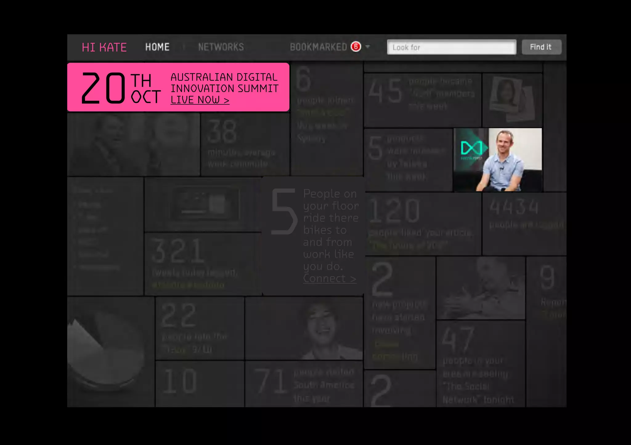 5
People on
your floor
ride there
bikes to
and from
work like
you do.
Connect >
AUSTRALIAN DIGITAL
INNOVATION SUMMIT
LIVE NOW >20OCT
TH
HI KATE
 