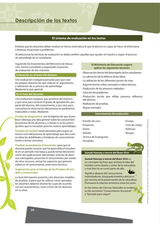 'HVFULSFLyQ GH ORV WH[WRV


                                 El sistema de evaluación en los textos

Enfatiza que los docentes deben evaluar en forma sistemática lo que el alumno es capaz de hacer al enfrentarse
a diversas situaciones y problemas.
Al seleccionar las técnicas de evaluación se deben preferir aquellas que ayuden al maestro a seguir el proceso
de aprendizaje de un estudiante.

Siguiendo los lineamientos del Ministerio de Educa-                   El Ministerio de Educación sugiere
ción, hemos concebido y organizado el proceso                            aplicar las siguientes técnicas:
de evaluación de dos maneras:
                                                           · Observación directa del desempeño de los estudiantes.
Evaluación en el texto del alumno:
                                                           · La valoración de la defensa de las ideas.
Una evaluación endógena pensada para que sean              · La utilización de los diferentes puntos de vista.
los propios alumnos los que realicen el seguimiento
                                                           · Argumentación sobre conceptos e ideas teóricas.
y valoración de su proceso de aprendizaje.
Mediante lo que aprendí.                                   · Explicación de los procesos realizados.
                                                           · Solución de problemas.
En la Guía del docente:
                                                           · Producción escrita que refleje procesos reflexivos
Una evaluación exógena, que proviene del maestro,            del alumno.
y que sirve para conocer el grado de apropiación, por
                                                           · Realización de pruebas.
parte del alumno, del conocimiento, y por otra, para
concretizar la observación del proceso en parámetros       · Mapas mentales
traducibles a notas. Mediante:
                                                                          Instrumentos de evaluación
Prueba de diagnóstico: con el objetivo de que el pro-
fesor obtenga una idea general sobre los conocimien-




                                                                                                                          Prohibida la reproducción total o parcial por cualquier medio sin permiso escrito de la Editorial.
                                                           ·   Estudio de caso.                    ·   Ensayo.
tos previos de los alumnos y si tienen o no los prerre-
quisitos que se necesitan para los nuevos aprendizajes.    ·   Proyectos.                          ·   Lista de cotejo.
                                                           ·   Diario.                             ·   Rúbricas.
Pruebas de unidad: están pensadas para seguir un
tramo corto del proceso de aprendizaje que dan cuen-       ·   Debate.                             ·   Rangos.
ta sobre las debilidades y fortalezas de conocimiento      ·   Técnica de la pregunta.
frente a temas concretos.                                  ·   Portafolio.
Pruebas acumulativas trimestrales: para que el
docente pueda conocer qué ha aprendido el estudian-
te en un período más largo y pueda tomar decisiones             Sumak Kawsay o teoría del Buen Vivir
cómo dar explicaciones adicionales, tutorías de alum-
nos aventajados, presentar el conocimiento por medio            Sumak Kawsay o teoría del Buen Vivir es
de otros recursos, revisar los aspectos que generan             un concepto kychwa que rechaza la idea del
trabas en el conocimiento, entre otras técnicas.                hombre como dueño y señor de la naturaleza
Sugerencias para el manejo de las Pruebas de mó-                y mas bien lo ve como parte de ella.
dulo y trimestrales.                                            Significa alejarse del consumismo,
La Guía del maestro presenta a los docentes modelos             individualismo, búsqueda frenética del lucro
de pruebas. Espera que las utilicen como ejemplos;              por encima de la preservación de la naturaleza
los docentes deberán diseñar las suyas de acuerdo               Promueve la relación armónica entre los seres.
con las características, nivel y ritmo de los alumnos           En los textos de Ciencias Naturales se evidencia
en su clase.                                                    en las secciones Conocimiento Ancestral
                                                                y Ejemplo para seguir.




              24
 
