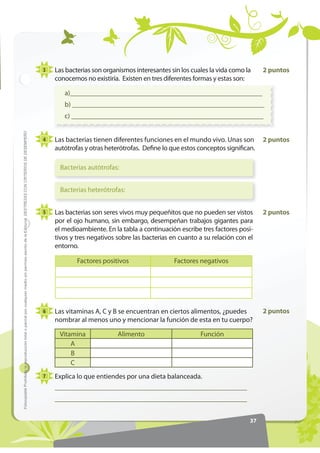 3   Las bacterias son organismos interesantes sin los cuales la vida como la     2 puntos
                                                                                                                                                           conocemos no existiría. Existen en tres diferentes formas y estas son:

                                                                                                                                                              a)_______________________________________________________
                                                                                                                                                              b) _______________________________________________________
                                                                                                                                                              c) _______________________________________________________
)RWRFRSLDEOH Prohibida la reproducción total o parcial por cualquier medio sin permiso escrito de la Editorial. '(675(=$6 21 5,7(5,26 '( '(6(03(f2




                                                                                                                                                       4   Las bacterias tienen diferentes funciones en el mundo vivo. Unas son         2 puntos
                                                                                                                                                           autótrofas y otras heterótrofas. Define lo que estos conceptos significan.

                                                                                                                                                            Bacterias autótrofas:


                                                                                                                                                            Bacterias heterótrofas:


                                                                                                                                                       5   Las bacterias son seres vivos muy pequeñitos que no pueden ser vistos        2 puntos
                                                                                                                                                           por el ojo humano, sin embargo, desempeñan trabajos gigantes para
                                                                                                                                                           el medioambiente. En la tabla a continuación escribe tres factores posi-
                                                                                                                                                           tivos y tres negativos sobre las bacterias en cuanto a su relación con el
                                                                                                                                                           entorno.

                                                                                                                                                                   Factores positivos                  Factores negativos




                                                                                                                                                       6   Las vitaminas A, C y B se encuentran en ciertos alimentos, ¿puedes           2 puntos
                                                                                                                                                           nombrar al menos uno y mencionar la función de esta en tu cuerpo?

                                                                                                                                                            Vitamina              Alimento                      Función
                                                                                                                                                                A
                                                                                                                                                                B
                                                                                                                                                                C
                                                                                                                                                       7   Explica lo que entiendes por una dieta balanceada.
                                                                                                                                                           _______________________________________________________
                                                                                                                                                           _______________________________________________________


                                                                                                                                                                                                                                   37
 
