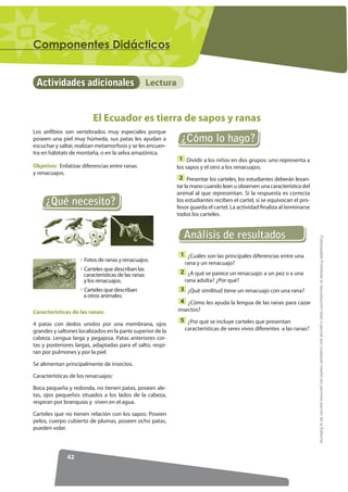 RPSRQHQWHV 'LGiFWLFRV


 Actividades adicionales                            Lectura


                         El Ecuador es tierra de sapos y ranas
Los anfibios son vertebrados muy especiales porque
poseen una piel muy húmeda, sus patas les ayudan a             ¿Cómo lo hago?
escuchar y saltar, realizan metamorfosis y se les encuen-
tra en hábitats de montaña, o en la selva amazónica.
                                                               1 Dividir a los niños en dos grupos: uno representa a
Objetivo: Enfatizar diferencias entre ranas                   los sapos y el otro a los renacuajos.
y renacuajos.
                                                               2 Presentar los carteles, los estudiantes deberán levan-
                                                              tar la mano cuando lean u observen una característica del
                                                              animal al que representan. Si la respuesta es correcta
     ¿Qué necesito?                                           los estudiantes reciben el cartel, si se equivocan el pro-
                                                              fesor guarda el cartel. La actividad finaliza al terminarse
                                                              todos los carteles.


                                                                 Análisis de resultados




                                                                                                                            )RWRFRSLDEOH Prohibida la reproducción total o parcial por cualquier medio sin permiso escrito de la Editorial.
                                                               1 ¿Cuáles son las principales diferencias entre una
                     Fotos de ranas y renacuajos.
                                                                 rana y un renacuajo?
                     Carteles que describan las
                     características de las ranas              2 ¿A qué se parece un renacuajo: a un pez o a una
                     y los renacuajos.                           rana adulta? ¿Por qué?
                     Carteles que describan                    3 ¿Qué similitud tiene un renacuajo con una rana?
                     a otros animales.
                                                               4 ¿Cómo les ayuda la lengua de las ranas para cazar
Características de las ranas:                                 insectos?
                                                               5 ¿Por qué se incluye carteles que presentan
4 patas con dedos unidos por una membrana, ojos
grandes y saltones localizados en la parte superior de la        características de seres vivos diferentes a las ranas?
cabeza. Lengua larga y pegajosa. Patas anteriores cor-
tas y posteriores largas, adaptadas para el salto, respi-
ran por pulmones y por la piel.

Se alimentan principalmente de insectos.

Características de los renacuajos:

Boca pequeña y redonda, no tienen patas, poseen ale-
tas, ojos pequeños situados a los lados de la cabeza,
respiran por branquias y viven en el agua.

Carteles que no tienen relación con los sapos: Poseen
pelos, cuerpo cubierto de plumas, poseen ocho patas,
pueden volar.




              42
 