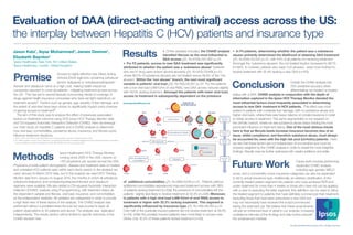 Evaluation of DAA (direct-acting antiviral) access across the US:
the interplay between Hepatitis C (HCV) patients and insurance type
Jason Katz1
, Aiyaz Mohammed2
, James Deemer1
,
Elizabeth Baynton2
1
Ipsos Healthcare, New York, NY, United States,
2
Ipsos Healthcare, London, United Kingdom
Access to highly effective new Direct Acting
Antiviral (DAA) regimens containing sofosbuvir
(and/or ledipasvir) or ombitasvir/paritaprevir/
ritonavir and dasabuvir come at a high cost, making health insurance
companies reluctant to cover all patients - mitigating treatment access across
the US. This has led to several lawsuits surrounding denial of coverage of
drugs against health insurance companies who have set tight restrictions on
treatment access1
. Factors such as gender, age, severity of liver damage, and
the extent of viral load have been shown to significantly impact one’s chances
of gaining access to treatment
2
.
  The aim of this study was to analyze the effect of previously associated
factors on treatment outcome using 2015 Ipsos HCV Therapy Monitor data
and Chi-squared Automatic Interaction Detection (CHAID). Here we leverage
our chart study on Hepatitis C patients and a CHAID analysis to determine
how viral load, comorbidities, substance abuse, insurance, and fibrosis score
influence treatment decisions.
1. Abram, S. (2015, June 1). Woman sues Anthem Blue Cross for denying hepatitis C drug Harvoni. Retrieved October 27, 2015.
2. Do A, Mittal Y, Liapakis A, Cohen E, Chau H, Bertuccio C, et al. (2015) Drug Authorization for Sofosbuvir/Ledipasvir (Harvoni) for Chronic HCV Infection in a Real-World
Cohort: A New Barrier in the HCV Care Cascade. PLoS ONE 10(8): e0135645. doi:10.1371/journal.pone.0135645
Ipsos Healthcare’s HCV Therapy Monitor,
running since 2005 in the USA, reports on
150 physicians per quarter across the USA.
Physicians provide patient demographic, disease and treatment data on treated
and untreated HCV patients seen within each study period. In the abstract we
used January to March 2015 data, but in this analysis we used HCV Therapy
Monitor data from January to August 2015, the months in which all sofosbuvir,
sofosbuvir+ledipasvir, and ombitasvir/paritaprevir/ritonavir and dasabuvir
regimens were available. We also added a Chi-squared Automatic Interaction
Detection (CHAID) analysis using R programming, with treatment status as
the dependent variable and fibrosis, viral load, insurance, and comorbidities
as the independent variables. All variables are categorized in order to provide
a high level view of these factors in the analysis. The CHAID analysis was
performed without a predetermined formula but was pruned to keep all
patient observations to 30 patients and above. The analysis was replicated
independently. The results section will be limited to specific branches of the
CHAID decision tree.
Premise
Methods
Results •  Of the variables included, the CHAID analysis
identified fibrosis as the most influential to
DAA access χ2(1, N=4755)=501.462 p.01
•  For F2 patients, access to new DAA treatment was significantly
attributed to whether the patient was a ‘substance abuser’ (patients
who are IV drug users and/or alcohol abusers) χ2(1, N=913)=79.856 p.01,
where 88.5% of substance abusers are not treated versus 46.4% of the ’non
abusers’. Within the ‘non abuser’ branch, the next most significant
variable is patients’ viral load χ2(2, N=782)=20.057 p.01. For the patients
with a low viral load (6M IU/ml of viral RNA), new DAA access reduces slightly
with 48.5% lacking treatment. Amongst the patients with lower viral load,
access to treatment is subsequently dependent on the presence
of additional comorbidities χ2(1, N=596)=9.518 p.01. Patients without
additional comorbidities experienced improved treatment access with 38%
of patients lacking treatment (n=158); the presence of comorbidities left the
patients slightly less likely to receive treatment at 52.3% (n=438). Moreover,
in patients with a high viral load (6M IU/ml of viral RNA) access to
treatment is higher with 32.2% lacking treatment. This segment is
significantly influenced by insurance-type χ2(1, N=146)=28.763 p.01.
Over half of the publically-insured patients did not receive treatment at 59.3%
(n=54), whilst the privately insured patients were more likely to access new
DAAs; only 16.3% of these patients lacked treatment (n=92).
Conclusion
Future Work
•  In F4 patients, determining whether the patient was a substance
abuser primarily determined the likelihood of obtaining DAA treatment
χ2(1, N=834)=53.220 p.01, with 61% of all patients not receiving treatment.
Amongst the ‘substance abusers’, the not treated fraction increased to 88.1%
(n=691). In contrast, patients who were ‘non-abusers’ were more inclined to
receive treatment with 55.4% lacking a new DAA (n=143).
Overall, the CHAID analysis has
70% predictive accuracy when
differentiating non-treated vs treated
status with a DAA. CHAID analysis in conjunction with the depth of
information captured in the Ipsos HCV Therapy Monitor denoted the
most influential factors most frequently associated in determining
access to new DAA treatment in HCV patients. This effect was most
evident in patients with moderate liver damage, with no substance abuse and
higher viral loads, where there was heavy reliance on private insurance in order
to obtain access to treatment. This same segmentation is not required on
the cirrhotic branch, where we see substance abuse status holding the most
prominent influence on treatment status. One of the most obvious trends
here is that as fibrosis levels increase insurance becomes less of an
issue, whilst compliance, and therefore substance abuse, must always
be accounted for, even with the high risk pool (cirrhotic) patients. Here
we see that these factors are not independent of one another and must be
properly weighted by the CHAID analysis in order to reveal the most insightful
findings. Results may be further optimized with careful additions and edits.
Future work involves performing
expanded CHAID analysis
including age, gender, MELD
score, and a comorbidity score; insurance categories can also be expanded
to list to actual insurance type. Additionally, an arbitrary stratification of the
currently treated patient segment into patients who have achieved RVR and
under treatment for more than 4 weeks vs those who have not can be applied,
with a view to excluding the latter segment; this definition can be used to refine
the treated segment to patients that have definitely commenced their treatment,
excluding those that have been prescribed a new DAA but
may not necessarily have received the script/commenced
taking the treatment yet. We believe that these amendments
will add an enhanced level of detail to our analysis, increasing
confidence intervals of the findings and help further pinpoint
the underserved markets.
35.6%
46.4%
83.3%
68.4%
88.5%
Yes
67.5%
6M IU/ml
32.2%
52.3%
38.0%
52.5%
16.3%
88.1%
61.0%
55.4%
158
48.5%
64.1%
4755
Fibrosis Score
IPSOS HCV TM
Q1-Q3’15
pa ents
F2
F3
913
834
Is the pa ent an ‘Abuser’
Is the pa ent an ‘Abuser’
No
782
HCV viral load
596 No Yes
691
143
6M IU/ml
146
Insurance
Does the pa ent
have comorbidi es?
438
92
Private
Yes
No
F1 F4
131
40
NS
59.3%54
Government
Not Tested
1368
Sample size
% untreated
Top driver of
treatment
decision
Second er
drivers
Third er
drivers
Fourth er
drivers
All data collected online; © Ipsos 2015, all rights reserved.
 