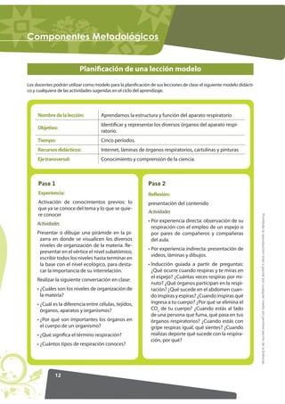 12
ProhibidalareproduccióntotaloparcialporcualquiermediosinpermisoescritodelaEditorial.
RPSRQHQWHV 0HWRGROyJLFRV
Nombredelalección: Aprendamos la estructura y función del aparato respiratorio
Objetivo:
Identificar y representar los diversos órganos del aparato respi-
ratorio.
Tiempo: Cinco períodos.
Recursosdidácticos: Internet, láminas de órganos respiratorios, cartulinas y pinturas
Ejetransversal: Conocimiento y comprensión de la ciencia.
Actividades
Presentar o dibujar una pirámide en la pi-
zarra en donde se visualicen los diversos
niveles de organización de la materia. Re-
presentar en el vértice el nivel subatómico,
escribir todos los niveles hasta terminar en
la base con el nivel ecológico, para desta-
car la importancia de su interrelación.
Realizar la siguiente conversación en clase:
• ¿Cuáles son los niveles de organización de
la materia?
• ¿Cuál es la diferencia entre células, tejidos,
órganos, aparatos y organismos?
• ¿Por qué son importantes los órganos en
el cuerpo de un organismo?
• ¿Qué significa el término respiración?
• ¿Cuántos tipos de respiración conoces?
Actividades
• Por experiencia directa: observación de su
respiración con el empleo de un espejo o
por pares de compañeros y compañeras
del aula.
• Por experiencia indirecta: presentación de
videos, láminas y dibujos.
• Inducción guiada a partir de preguntas:
¿Qué ocurre cuando respiras y te miras en
el espejo? ¿Cuántas veces respiras por mi-
nuto? ¿Qué órganos participan en la respi-
ración? ¿Qué sucede en el abdomen cuan-
do inspiras y espiras? ¿Cuando inspiras qué
ingresa a tu cuerpo? ¿Por qué se elimina el
CO2
de tu cuerpo? ¿Cuando estás al lado
de una persona que fuma, qué pasa en tus
órganos respiratorios? ¿Cuando estás con
gripe respiras igual, qué sientes? ¿Cuando
realizas deporte qué sucede con la respira-
ción, por qué?
Paso 1
Experiencia:
Activación de conocimientos previos: lo
que ya se conoce del tema y lo que se quie-
re conocer
Paso 2
Reﬂexión:
presentación del contenido
Los docentes podrán utilizar como modelo para la planificación de sus lecciones de clase el siguiente modelo didácti-
co y cualquiera de las actividades sugeridas en el ciclo del aprendizaje.
Planificación de una lección modelo
 