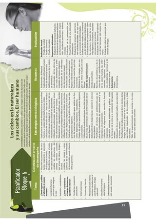 21
Actividadesprevias:presentarunvideoounaimagensobrelasfuncionesde
nutriciónqueelcuerpohumanorealizaparamantenerseconvida.Pedirasus
estudiantesquedescribanloquehanobservadoenelaudiovisualoimagenyque
señalencuáldeestasfuncioneseslabaseparaeldesarrollodelasdemás.
Losciclosenlanaturaleza
ysuscambios.Elserhumano
Tema
Destrezaconcriterio
dedesempeño
EstrategiasmetodológicasRecursosEvaluación
¿Cómoingresayutiliza
elalimentoelcuerpo
humano?
•Laespeciehumana,
procesosqueintegran
lavida
•Nutriciónymetabolismo
¿Cómosemantiene
elcuerpohumanoen
equilibriointerno?
•Circulación,respiración
yexcreción
•Sistemanervioso
•Estructurayfunción
•Alteracionesdelsistema
nerviosocausadasporel
usodetabaco,drogas
yalcohol
•Sexualidadhumana:
saludehigiene
•Enfermedadesdetransmi-
siónsexualyprevención
•Describirlosprocesosdecircu-
lación,respiraciónyexcreción
delaespeciehumana.
•Describirlaestructurayfuncio-
nesbásicasdelsistemanervioso.
•Analizarlasalteracionesdel
sistemanerviosocausadas
porelusodetabaco,drogasy
alcohol.
•Analizarlascausasyconse-
cuenciasdelasenfermedades
detransmisiónsexual:chancro,
sífilisygonorrea.
•Explicaciónatravésdediversaslecturasqueenelser
humanoserealizandiferentesfuncionesvitales.
•Utilizacióndelestudiodecasoclínicodelaintroduc-
ciónaltemaparatrabajarelejetransversaldelco-
rrectodesarrollodelasaluddelosestudiantes.
•Utilizacióndeaudiovisualesparadescribirlaestruc-
turayfuncionesquesedanenelserhumano.
•Elaboracióndeorganizadoresgráficosparadescribir
losprocesosqueintegranlavidadelossereshumanos.
•Utilizacióndediversosrecursostraídosporlosestu-
diantesparaexplicarlaimportanciadelanutrición.
•Explicaciónpormediodegráficoslasfasesqueinte-
granelprocesodigestivo.
•Usodesituacionesvivencialesparaexplicarlasfun-
cionesdigestivas,respiratoriasycirculatorias.
•Empleodegráficosparadetallarelaparatodigestivo
ysusfunciones.
•Utilizacióndeaudiovisualesparadescribirlosefectos
deunamalaalimentaciónylasenfermedadesdelsis-
temadigestivo.
•Elaboracióndeundiagramaparaexponerelproceso
decirculación.
•Planificacióndecharlasconprofesionalesparaex-
plicarlasenfermedadesdetransmisiónsexualysu
importanciaenlaprevención.
•Utilizacióndediagramasparadescribirlafunción
respiratoria.
•Explicaciónmedianteaudiovisualesográficossobre
laformacióndelaorinaylaconstitucióndelaparato
excretor.
•Elaboracióndeunorganizadorgráficoparadescribir
elsistemanervioso.
•Planificacióndetalleresacercadelosefectosdelas
drogas,elalcohol,eltabacoenelsistemanervioso
paraindagarinquietudesdelosescolaresytratar
esostemas.
•Tallerdeexperimentaciónparaorientaralosestu-
diantesaunaadecuadanutrición.
•Profesionalesdelasalud.
•Audiovisualesdelcuerpohumano.
•AtlasdeAnatomíahumana.
•Gráficos/estquemasdelapirámi-
dealimenticia.
•Audiovisualesdelosefectosde
unamalaalimentaciónyenfer-
medadesdelsistemadigestivo.
•Audiovisualesdelasenfermeda-
desdetransmisiónsexual.
•Audiovisualessobrelaformación
delaorinayelaparatoexcretor.
•Páginaswebrelacionadasconlas
funcionesdenutriciónyelsiste-
manervioso.
•Bibliotecadelcolegioparaam-
pliarlostemastratadoseneste
bloque.
•Tallerdeexperimentación:
Cronómetro.
Vendasopañuelos.
Mesa.
Recortesdeperiódicosodere-
vistasdesaludconinformación
delasaludhumana,lasenfer-
medadesdigestivas,respirato-
rias,circulatorias,nerviosasyde
transmisiónsexual.
•Laboratorio:
Globos.
Cintamétrica.
Evaluaciónformal:
•Pruebadeunidad
•Pruebatrimestral
•Pruebarutasaber
Sugerenciasadicionales:
•Evaluacióndeejerciciosdeaplicación.
•Evaluacióndelosdiagramasdelcuer-
pohumanosobredigestión,respira-
ción,circulación,excreciónysistema
nervioso.
•Evaluacióndelapresentaciónen
PowerPointacercadeunaadecuada
alimentación.
•Evaluacióndeproyectosparamante-
nerunadietasaludable,unavidasana
ylaprevencióndeenfermedades.
•Evaluacióndemuralesparaprevenirel
usodelalcohol,tabacoyotrasdrogas.
•Evaluacióndeloscuestionariossobre
laestructurayfuncióndelossiste-
masdigestivo,circulatorio,respirato-
rio,uroexcretorynervioso.
•Evaluacióndelinformedelaborato-
riodelasfuncionesdelcuerpohu-
mano.
•Evaluaciónsobrelosensayosdepre-
vencióndedrogas.
 