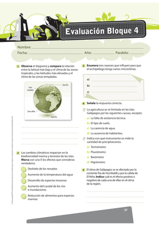 Nombre:
Fecha: Año: Paralelo:
24
)RWRFRSLDEOHProhibidalareproduccióntotaloparcialporcualquiermediosinpermisoescritodelaEditorial.
Las siguientes afirmaciones corresponden a eventos que ocurrieron en diferentes
momentos. Organízalos en una línea del tiempo.
1
Enumera cuáles son consideradas las sustancias químicas que existieron en la
atmósfera primitiva.
2
En algunas regiones conviven dos variedades de una misma especie de mariposa: la
variedad A es de color claro y pasa desapercibida para sus depredadores si se posa
sobre lugares claros; la variedad B es de color oscuro y pasa desapercibida para sus
depredadores si se posa sobre lugares oscuros.
3
Francesco Redi buscaba demostrar que la generación espontánea no explicaba el origen de la
vida.
Surgió la gran explosión y las partículas se expandieron en el espacio.
Las condiciones de la atmósfera primitiva favorecían la formación de los compuestos necesarios
para la vida.
Pasteur demostró que los microorganismos se originaban a partir de otros microorganismos.
9DULHGDG %
Según la lectura, ¿las poblaciones actuales de mariposas de esta
especie son el resultado de un proceso de selección natural o
selección artificial?
¿Podrías explicar la razón que justifica su cambio de color?
9DULHGDG $
 