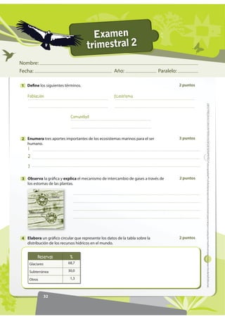 Nombre:
Fecha: Año: Paralelo:
29
)RWRFRSLDEOHProhibidalareproduccióntotaloparcialporcualquiermediosinpermisoescritodelaEditorial.
Conductos que recogen
la sangre saturada de
dióxido de carbono.
Vasos sanguíneos más
delgados del organismo.
Órgano muscular que
bombea la sangre a todo
el cuerpo.
Capilares Conductos que
llevan sangre oxigenada
a los tejidos.
Evaluación Bloque 6
Identifica y escribe los órganos del sistema
digestivo.
2
Describe la función que realiza cada tipo
de célula sanguínea.
3
Correlaciona cada término con el concepto
adecuado por medio de líneas.
4
La nutrición es la forma como los seres
humanos obtienen la energía para la vida.
Establece la función principal de cada uno
de los siguientes sistemas relacionado a la
nutrición.
1
Digestivo:
Respiratorio:
Excretor:
Circulación:
RUD]yQ
$UWHULDV
9HQDV
DSLODUHV
*OyEXORV URMRV
*OyEXORV EODQFRV
3ODTXHWDV
 