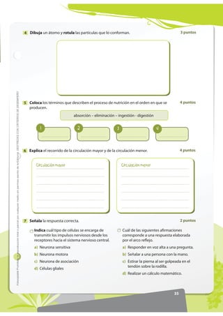 32
'(675(=$6215,7(5,26'('(6(03(f2)RWRFRSLDEOHProhibidalareproduccióntotaloparcialporcualquiermediosinpermisoescritodelaEditorial.
Nombre:
Fecha: Año: Paralelo:
Examen
trimestral 2
2 puntosDefine los siguientes términos.1
3 puntosEnumera tres aportes importantes de los ecosistemas marinos para el ser
humano.
2
2 puntosObserva la gráfica y explica el mecanismo de intercambio de gases a través de
los estomas de las plantas.
3
2 puntosElabora un gráfico circular que represente los datos de la tabla sobre la
distribución de los recursos hídricos en el mundo.
4
3REODFLyQ (FRVLVWHPD
RPXQLGDG



Estomas
Células oclusivas
5HVHUYDV
Glaciares 68,7
Subterránea 30,0
Otros 1,3
 