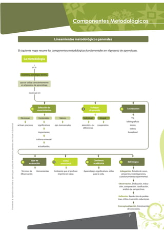 7
ProhibidalareproduccióntotaloparcialporcualquiermediosinpermisoescritodelaEditorial.
RPSRQHQWHV 0HWRGROyJLFRV
El siguiente mapa resume los componentes metodológicos fundamentales en el proceso de aprendizaje.
Lineamientos metodológicos generales
3
TIC
bibliográficos
textos
videos
la realidad
Los recursos
4
Tipo de
evaluación
Técnicas de
Observación
Herramientas
5
Clima
emocional
Ambiente que el profesor
imprime en clase.
6
Confianza
académica
Aprendizajes significativos, útiles
para la vida.
1
Selección de
conocimientos
Destrezas
activan procesos
Contenidos
significativos
importantes
cultura universal
actualizados.
Valores
ejes transversales
2
Individual
atención a las
diferencias
Grupal
cooperativo
Enfoque
al aprendiz
es la
inventiva, estrategia, técnica
que se utiliza conscientemente
en el proceso de aprendizaje
repercute en
La metodología
7
Indagación. Estudio de casos,
proyectos, investigaciones,
cuestionamiento experimental.
Observación. Deducción, induc-
ción, comparación, clasificación,
análisis de perspectivas.
Reflexión. Resolución de proble-
mas, crítica, invención, soluciones.
Conceptualización. Construcción
de conceptos.
Estrategias
 