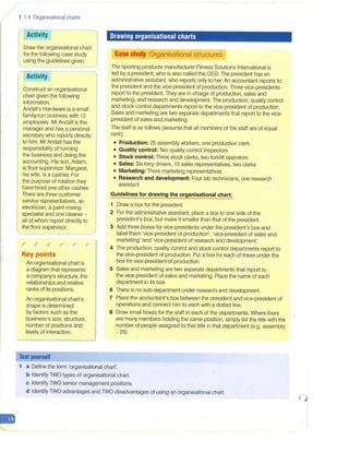 -
1 1.4 Organisational charts
Activity
Draw the organisational chart
for the following case study ·
using the guidelines given.
Activity
Construct an organisational
chart given the following
information.
Andall's Hardware is.a small
family-run business with 12
employees. Mr Andall is the
manager and has a personal
secretary who reports directly
to him. Mr Andall has the
responsibility of running
the business and doing the
accounting. His son, Adam,
is floor supervisor. Margaret,
his wife, is a cashier. For
the purpose of rotation they
have·hired one other cashier.
There are three customer
service representatives, an
electrician, a paint-mixing
specialist and one cleaner -
all of whom report directly to
the floor supervisor.
r <"" r r-
Key points
An organisational chart is
a diagram that represents
a company's structure, the
relationships and relative
ranks of its positions.
An organisational chart's
shape is determined
by factors such as the
business's size, structure,
number of positions and
levels of interaction.
Test yourself
Drawing organisational charts
Case study Organisational structures
The sporting products manufacturer Fitness Solutions International is
led by a president, who is also called the CEO. The president has an
administrative assistant, who reports only to her. An accountant reports to
the president and the vice-president of production. Three vice-presidents
report to the president. They are in charge of production, sales and
marketing, and research and development. The production, quality control
and stock control departments report to the vice-president of production.
Sales and marketing are two separate departments that report to the vice-
president of sales and marketing.
The staff is as follows (assume that all members of the staff are of equal
rank):
• Production: 25 assembly workers, one production clerk
• Quality control: Two quality control inspectors
• Stock control: Three stock clerks, two forklift operators
• Sales: Six lorry drivers, 15 sales representatives, two clerks
• Marketing: Three marketing representatives
• Research and development: Four lab technicians, one research
assistant
Guidelines for drawing the organisational chart:
1 Draw a box for the president.
2 For the administrative assistant, place a box to one side of the
president's box, but make it smaller than that of the president.
3 Add three boxes for vice-presidents under the president's box and
label them 'vice-president of production', 'vice-president of sales and
marketing' and 'vice-president of research and development'.
4 The production, quality control and stock control departments report to
the vice-president of production. Put a box for each of these under the
box for vice-president of production.
5 Sales and marketing are two separate departments that report to
the vice-president of sales and marketing. Place the name of each
department in its box.
6 There is no sub-department under research and development.
7 Place the accountant's box between the president and vice-president of
operations and connect him to each with a dotted line.
8 Draw small boxes for the staff in each of the departments. Where there
are many members holding the same position, simply list the title with the
number of people assigned to that title in that department (e.g. assembly
- 25).
1 a Define the term 'organisational chart'.
b Identify TWO types of o_
rganisational chart.
c Identify TWO senior management positions.
d Identify TWO advantages and.TWO disadvantages of using an organisational chart.
 