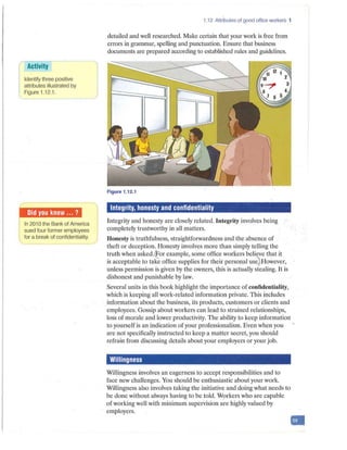 Activity
Identify three positive
attributes illustrated by
Figure 1.12.1.
In 201 Othe Bank of America
sued four former employees
for a break of confidentiality.
1.12 Attributes of good office workers 1
detailed and well researched. Make certain that your work is free from
errors in grammar, spelling and punctuatioi1. Ensure that business
documents are prepared according to established rules and guidelines.
Figure 1.12.1
Integrity, honesty and confidentiality
Integrity and honesty are closely related. Integrity involves being
completely trustworthy in all matters.
Honesty is truthfulness, straightf01wardness· and the absence of
theft or deception. Honesty involves more than simply telling the
truth when asked. or example, some office workers believe that it
is acceptable to take office supplies for their personal use.,,However,
unless permission is given by the owners, this is actually stealing. It is
dishonest and punishable by law.
Several units in this book highlight the importance of confidentiality,
which is keeping all work-related information private. This includes
information about the business, its products, customers or clients and
employees. Gossip about workers can lead to strained relationships,
loss of morale and lower productivity. The abllity to keep information
to yourself is an indication of your professionalism. Even when you
are not specifically instructed to keep a matter secret, you should
refrain from discussing details about your em ployers or your job.
Willingness
Willingness involves an eagerness to accept responsibilities and to
face new challenges. You should be enthusiastic about your work.
Willingness also involves taking the initiative and doing what needs to
be done without always having to be told. Workers who are capable
of working well with minimum supervision are highly valued by
employers.
•
 