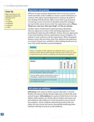 1 1.12 Attributes of good office workers
Exam tip
Make sure that you can
distinguish between the
following terms:
• traits
• qualities
• attributes
• attitudes
• skills.
Deportment and grooming
Whereas in some cou,-itries deportment refers to the way a person
stands and walks, in the Caribbean it means a person's behaviour or
manners. One aspect of good deportment is courtesy. Be polite in
your dealings with all persons. Make it your habit to greet persons
on entering a room: Learn how to introd.uce yourself to strangers
you meet in the course of your work. Use expressions such as Please,
Thank you, I am son·y, How may I help? and You are welcome.
Another aspect of deportment is good grooming. Remember
that your appearance creates a first and lasting impression. Good
grooming also improves self-confidence. Ensure that your appearance
is neat and consistent with the requirements of your workplace. If a
uniform is used, conform to all the requirements. When dressing for
business ensure that your back, chest, feet, abdomen and unde1wear
are covered. Frayed, torn, wrinkled or dirty clothing should never be
worn. Pay careful attention to personal hygiene.
Activity
Prepare a checklist of skills, attitudes and attributes that you can use to
evaluate yourself. Rate yourself honestly. Note the areas in which you need
to improve and work on them consistently until they become engrained.
.. -. :, :. ; '.i ..~,; i·11Ji •:,·. · -~ ,.
' .. ' ,: I!. I
r~ ,;__~--~1~~-=1'-4.~-
1
•,J.'v{ .-_i'"~£,-..::._'._ ._-_. . -
Literacy >, >,
;; -a;
C -a; - iii
.!
(1l
:: ::I >,
-
-a;
~
C" ~ (1l
(.) Q) 0
-
><
~
'C 0 0
.w <t a. z
I can read and understand written materials,
such as instructions, letters and reports
Ican usewritten sources of information, such as
n~wspapers,magazines and encyclopaedias
I can identify and summarise the main points
from lengthy documents
Self-esteem and confidence
Self-esteem is the extent to which a person values him- or herself.
Positive self-esteem includes having a high sense of self-worth, pride
and self-respect. Self-confidence is a person's belief in his or her own
abilities. Both qualities are closely related. Positive self-esteem and
self-confidence will enable you to look and perform at your best in
the workplace. All the attributes discussed previously in this unit
reflect the level of your self-esteem. Successfully manifesting these
attributes will help to boost your self-confidence.
 