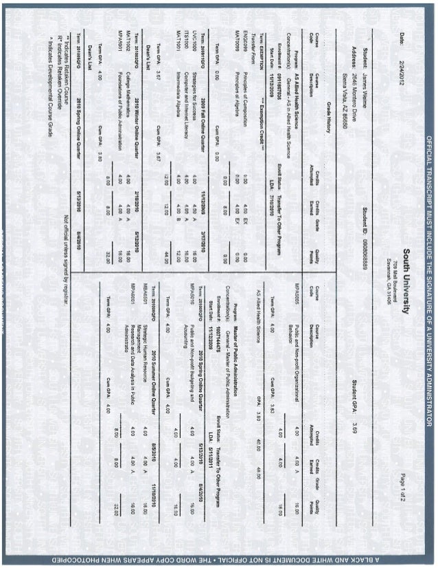 South University Transcript James