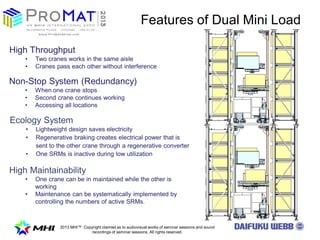 2013 MHI? Copyright claimed as to audiovisual works of seminar sessions and sound
recordings of seminar sessions. All rights reserved.
Features of Dual Mini Load
Non-Stop System (Redundancy)
? When one crane stops
? Second crane continues working
? Accessing all locations
Ecology System
? Lightweight design saves electricity
? Regenerative braking creates electrical power that is
sent to the other crane through a regenerative converter
? One SRMs is inactive during low utilization
High Maintainability
? One crane can be in maintained while the other is
working
? Maintenance can be systematically implemented by
controlling the numbers of active SRMs.
High Throughput
? Two cranes works in the same aisle
? Cranes pass each other without interference
 