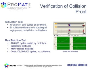 2013 MHI? Copyright claimed as to audiovisual works of seminar sessions and sound
recordings of seminar sessions. All rights reserved.
Verification of Collision
Proof
Simulation Test
? 10 years of duty cycles on software.
? Simulation software incorporating all
logic proved no collision or deadlock.
Real Machine Test
? 700,000 cycles tested by prototype
? Installed 3 test sites
? Many cranes installed
? Over 100,000,000 cycles, no collisions Screen Shot of Simulator
 