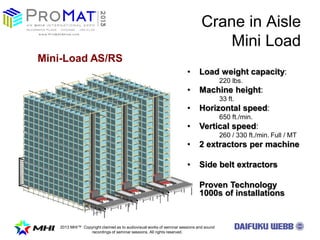 2013 MHI? Copyright claimed as to audiovisual works of seminar sessions and sound
recordings of seminar sessions. All rights reserved.
Crane in Aisle
Mini Load
? Load weight capacity:
220 lbs.
? Machine height:
33 ft.
? Horizontal speed:
650 ft./min.
? Vertical speed:
260 / 330 ft./min. Full / MT
? 2 extractors per machine
? Side belt extractors
? Proven Technology
1000s of installations
Mini-Load AS/RS
 
