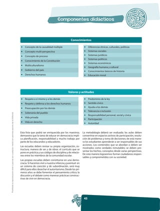 Conocimientos

                                                                                                      •   Concepto de la causalidad múltiple                         •    Diferencias étnicas, culturales, políticas
                                                                                                      •   Concepto multi-perspectiva                                 •    Sistemas sociales

                                                                                                      •   Concepto de proceso                                        •    Sistemas jurídicos
                                                                                                                                                                     •    Sistemas políticos
                                                                                                      •   Conocimiento de la Constitución
                                                                                                                                                                     •    Sistemas económicos
                                                                                                      •   Multiculturalismo
                                                                                                                                                                     •    Geografía humana y cultural
                                                                                                      •   Gobierno del país                                          •    Conocimientos básicos de historia
                                                                                                      •   Derechos humanos                                           •    Educación moral




                                                                                                                                                     Valores y actitudes

                                                                                                      •   Respeto a sí mismo y a los demás                           •    Predominio de la ley
                                                                                                      •   Respeto y defensa a los derechos humanos                   •    Sentido cívico

                                                                                                      •   Preocupación por los demás                                 •    Ayuda a los demás
                                                                                                                                                                     •    Tolerancia e inclusión
Prohibida la reproducción total o parcial por cualquier medio sin permiso escrito de la Editorial.




                                                                                                      •   Soberanía del pueblo
                                                                                                                                                                     •    Responsabilidad personal, social y cívica
                                                                                                      •   Vida privada
                                                                                                                                                                     •    Participación
                                                                                                      •   Vida en derecho                                            •    Autoridad


                                                                                                     Esta lista que podrá ser enriquecida por los maestros;         La metodología deberá ser evaluada; las aulas deben
                                                                                                     demuestra que la tarea de educar en democracia impli-          convertirse en espacios activos de participación, resolu-
                                                                                                     ca planificación, responsabilidad y mucho trabajo por          ción de problemas y toma de decisiones; de esta mane-
                                                                                                     parte de los educandos y educadores.                           ra los estudiantes aprenderán a ser responsables de sus
                                                                                                                                                                    acciones. Los contenidos que se abordan o deben ser
                                                                                                     Las escuelas deben revisar su propia organización, es-
                                                                                                                                                                    mostrados como verdades inmutables; se deben pre-
                                                                                                     tructura, manera de ser y de obrar, el currículo que se
                                                                                                                                                                    sentar los hechos, conceptos desde varias perspectivas.
                                                                                                     pone en práctica y sus códigos de disciplina y de relacio-
                                                                                                                                                                    De esta manera lograremos formar ciudadanos respon-
                                                                                                     nes entre los miembros de la comunidad escolar.
                                                                                                                                                                    sables y comprometidos con su sociedad.
                                                                                                     Las propias escuelas deben constituirse en una demo-
                                                                                                     cracia. Si hacemos vivir a nuestra infancia y juventud en
                                                                                                     un sistema de coerción y de subordinación, será muy
                                                                                                     difícil para ellos desechar el autoritarismo. Desde los pri-
                                                                                                     meros años se debe fomentar el pensamiento crítico, la
                                                                                                     discusión y el debate como maneras prácticas construc-
                                                                                                     tivas de vivir en democracia.




                                                                                                                                                                     45
 