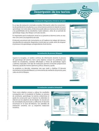 La evaluación diagnóstica (inicial en el texto)

                                                                                                     Es un tipo de evaluación orientada a recabar información sobre los conocimien-
                                                                                                     tos de partida de los estudiantes y sus conocimientos previos en relación al nuevo
                                                                                                     aprendizaje. Con estos datos, el docente puede adecuar el proceso de enseñanza
                                                                                                     a las posibilidades de los estudiantes. Suele realizarse antes de un período de
                                                                                                     aprendizaje: etapa, año, bloque curricular, lección.
                                                                                                     Es importante que la evaluación inicial no se presente al alumno como un exa-
                                                                                                     men sino como una experiencia de aula.
                                                                                                     El docente encontrará este instrumento en el Cuaderno de trabajo del alumno,
                                                                                                     una plantilla de evaluación diagnóstica inicial, para ser usada, antes de empezar
                                                                                                     el procesovv de aprendizaje correspondiente al año lectivo.




                                                                                                                                           La evaluación de proceso (bloques)

                                                                                                     Supone la recogida y el análisis continuo de información durante el proceso
                                                                                                     de aprendizaje del alumno; tiene como objetivo conocer los problemas que
                                                                                                     tienen los estudiantes, constatar dificultades y ritmos de aprendizaje, logros
                                                                                                     y talentos especiales. Este tipo de evaluación permite al docente proporcionar
                                                                                                     refuerzo y ayuda de manera oportuna y eficaz, refuerzo y ayuda.
                                                                                                     Su propósito es describir, interpretar más que medir y clasificar. El docente
Prohibida la reproducción total o parcial por cualquier medio sin permiso escrito de la Editorial.




                                                                                                     encontrará en la Guía del Maestro, un instrumento de evaluación de proceso, para
                                                                                                     cada uno de los bloques.




                                                                                                                                           La evaluación sumativa (trimestral)

                                                                                                     Tiene como objetivo conocer y valorar los resultados
                                                                                                     conseguidos por el estudiante al finalizar un proceso
                                                                                                     de enseñanza- aprendizaje. Se orienta a determinar el
                                                                                                     grado de consecución que el alumno ha obtenido en
                                                                                                     relación con los objetivos de año fijados. Se vincula con
                                                                                                     las necesidades de promoción y calificación. El docente
                                                                                                     encontrará en la Guía del Maestro, tres plantillas de
                                                                                                     evaluación sumativa, con su respectiva traducción
                                                                                                     numérica.




                                                                                                                                                                 27
 