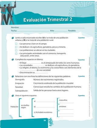 Evaluación Trimestral 2
Nombre:
Fecha:                                             Año:                   Paralelo:


  1   Junto a cada enunciado escribe (U) si se trata de una población                 2 puntos
      urbana y (R) si se trata de una población rural.
            • Las personas viven en el campo.
            • Se dedican a la agricultura, ganadería, pesca y minería.
            • Las poblaciones se ubican en las ciudades.
            • Las principales actividades son el comercio, transporte,
              educación, entre otras.




                                                                                                 FOTOCOPIABLE
  2   Completa los espacios en blanco.                                                2 puntos
            • El Dejar                    es el antepasado de todos los seres humanos.
            • Las sociedades                   se dedican a la agricultura y la ganadería.
            • La religión, el idioma, la vestimenta y las costumbres son elementos de la




                                                                                                  Prohibida la reproducción total o parcial por cualquier medio sin permiso escrito de la Editorial.
                                   de una sociedad.
            • Discriminación es                  .
  3   Relaciona con una línea las definiciones de las siguientes palabras.            2 puntos
      Demografía              Número de nacimientos registrados.
      Emigración              Crecimiento acelerado de la población mundial.
      Natalidad               Ciencia que estudia los cambios de la población humana.
      Sobrepoblación          Salida de las personas hacia otros lugares.

  4   Llena el siguiente esquema.                                                     3 puntos

                                                              masculino
                              a)

              se clasifica
Población                     b)                              ancianos
              según

                              c) Actividad económica



                                          38
 
