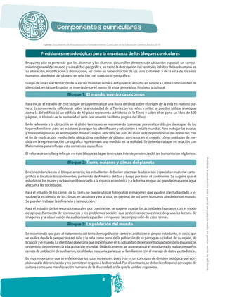 Fuente: Documento de Actualización y Fortalecimiento Curricular de la Educación General Básica 2010


          Precisiones metodológicas para la enseñanza de los bloques curriculares

En quinto año se pretende que los alumnos y las alumnas desarrollen destrezas de ubicación espacial; un conoci-
miento general del mundo y su realidad geográfica, en tanto la descripción del territorio, la labor del ser humano en
su alteración, modificación y destrucción, así como en la descripción de los usos culturales y de la vida de los seres
humanos alrededor del planeta en relación con su espacio geográfico.

Luego de una caracterización de la escala mundial, se hace énfasis en el estudio en América Latina como unidad de
identidad, en la que Ecuador se inserta desde el punto de vista geográfico, histórico y cultural.
                                Bloque 1: El mundo, nuestra casa común

Para iniciar el estudio de este bloque se sugiere realizar una lluvia de ideas sobre el origen de la vida en nuestro pla-
neta. Es conveniente reflexionar sobre la antigüedad de la Tierra con los niños y niñas, se pueden utilizar analogías
como la del edificio (si un edificio de 40 pisos representa la Historia de la Tierra y sobre él se pone un libro de 500
páginas, la Historia de la humanidad sería únicamente la última página del libro).

En lo referente a la ubicación en el globo terráqueo, se recomienda comenzar por realizar dibujos de mapas de los
lugares familiares para los escolares para que los identifiquen y relacionen a escala mundial. Para trabajar las escalas
y líneas imaginarias, es aconsejable diseñar croquis sencillos del aula de clase o de dependencias del domicilio, con
el fin de explicar, por medio de la ubicación y medición de objetos concretos en el croquis, cómo unidades de me-
dida en la representación cartográfica representan una medida en la realidad. Se debería trabajar en relación con
Matemática para reforzar este contenido específico.

El valor a desarrollar y reforzar en este bloque es la pertenencia e interdependencia del ser humano con el planeta.




                                                                                                                             Prohibida la reproducción total o parcial por cualquier medio sin permiso escrito de la Editorial.
                                Bloque 2: Tierra, océanos y climas del planeta

En concordancia con el bloque anterior, los estudiantes deberían practicar la ubicación espacial en material carto-
gráfico al localizar los continentes, partiendo de América del Sur y luego por todo el continente. Se sugiere que el
estudio de los mares y océanos esté asociado a la riqueza económica y a la forma en que las grandes masas de agua
afectan a las sociedades.

Para el estudio de los climas de la Tierra, se puede utilizar fotografías e imágenes que ayuden al estudiantado a vi-
sualizar la incidencia de los climas en la cultura y en la vida, en general, de los seres humanos alrededor del mundo.
Se pueden trabajar la inferencia y la inducción.

Para el estudio de los recursos naturales por continente, se sugiere asociar las actividades humanas con el modo
de aprovechamiento de los recursos y los problemas sociales que se derivan de su extracción y uso. La lectura de
imágenes y la observación de audiovisuales pueden enriquecer la comprensión de estos temas.
                                Bloque 3: La población del mundo

Se recomienda que para el tratamiento del tema demográfico se centre el análisis en el propio estudiante, es decir, que
se analice desde la perspectiva del niño y la niña como parte de la población de su parroquia o ciudad, de su región, de
Ecuador y el mundo. La identidad planetaria que se promueve en la actualidad debería ser trabajada desde la escuela con
un sentido de pertenencia a la población mundial. Didácticamente, se aconseja que el estudiantado realice pequeños
censos de población de sus barrios, localidades o escuela, para que se familiaricen con el manejo de datos y estadísticas.

Es muy importante que se enfatice que las razas no existen, pues éste es un concepto de división biológica que con-
diciona a la diferenciación y no permite el respeto a la diversidad. Por el contrario, se debería reforzar el concepto de
cultura como una manifestación humana de la diversidad, en la que la unidad es posible.


                                                             8
 